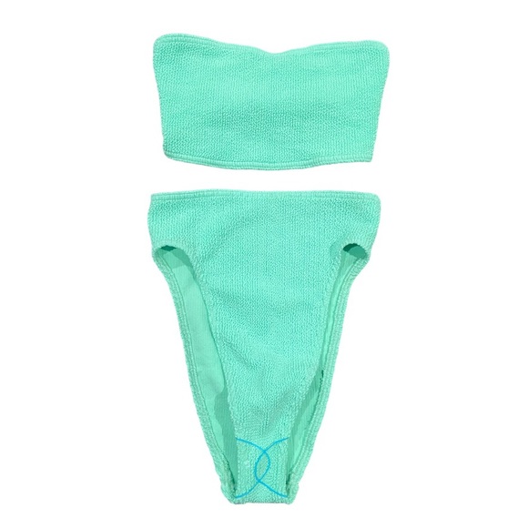 ASOS Crinkle Bandeau Bikini Top & High Waisted Bottom in Apple Green Set - Picture 8 of 12